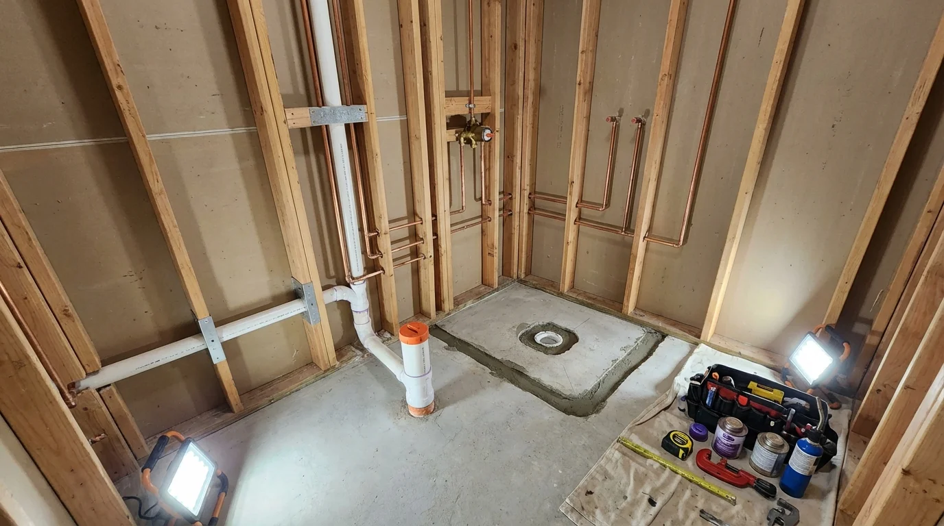 Bathroom rough-in plumbing during remodel by Johns Plumbing LLC in Trempealeau