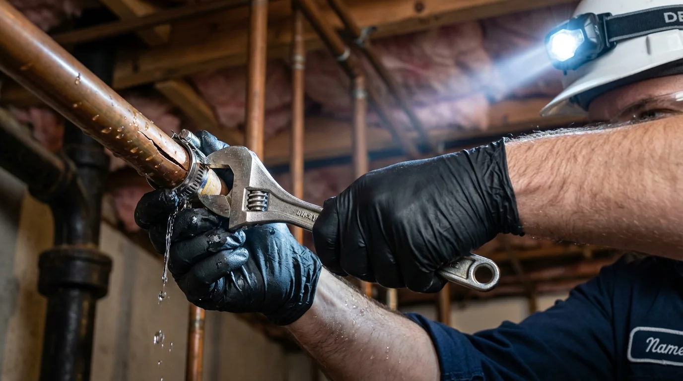 Emergency pipe clamp repair being performed by a Johns Plumbing LLC plumber in Trempealeau