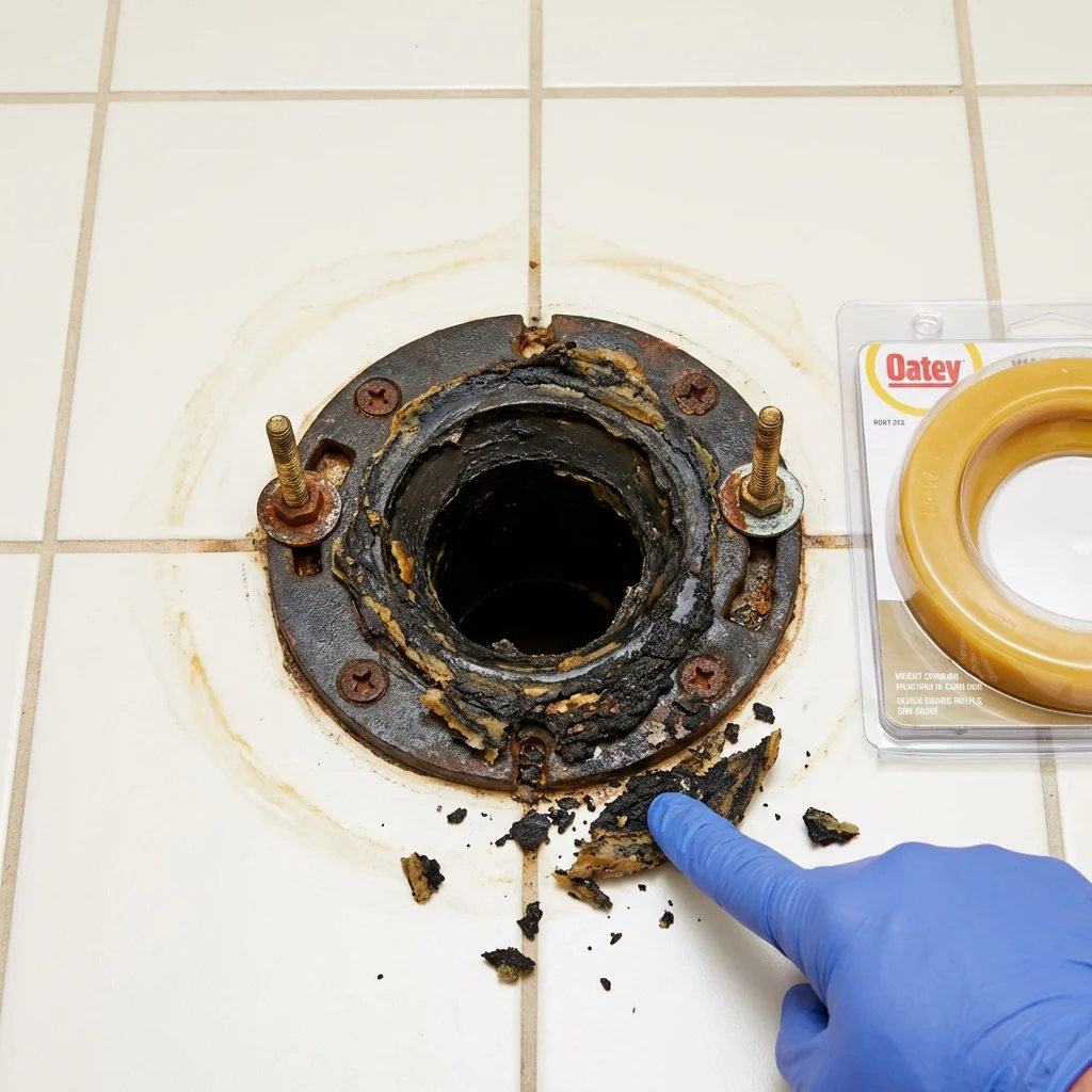 Failed wax ring showing water seepage at the base of a toilet in a Trempealeau, WI home
