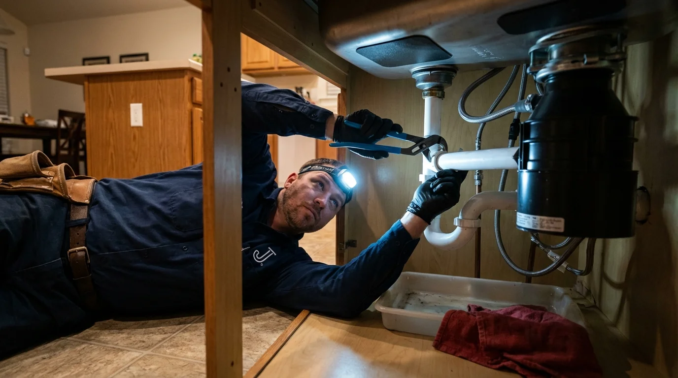 P-trap and supply line connections under a kitchen sink showing a common leak point in Trempealeau, WI